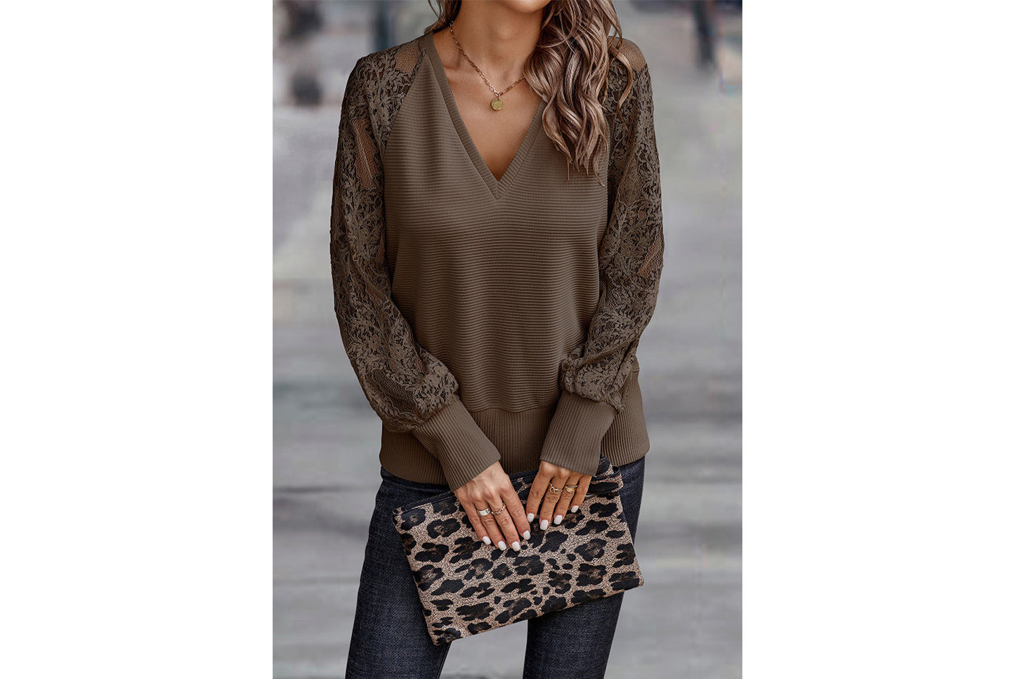 **Women's V-Neck Lace Knit Top, Loose and Casual**