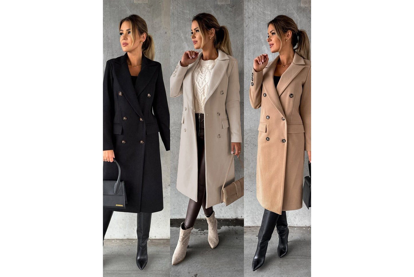 Women's Long-Sleeved Double-Breasted Slim-Fit Coat with Lapel