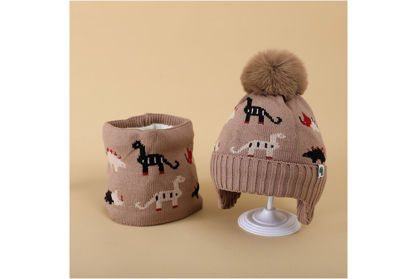 Children's Dinosaur Warm Scarf and Hat Set (Fleece-lined Knit)