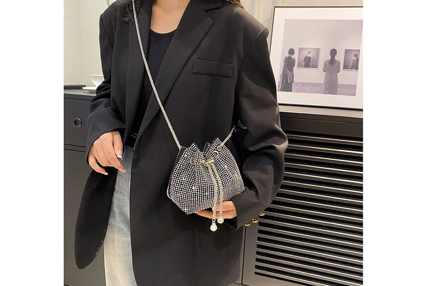 Rhinestone-Studded Drawstring Evening Bag