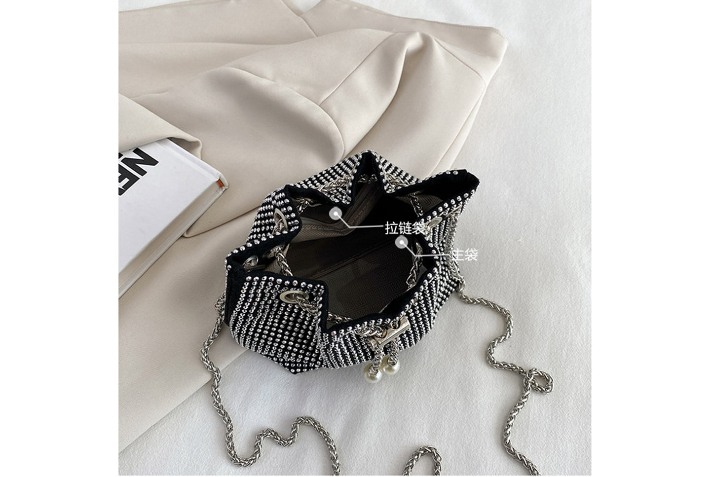 Rhinestone-Studded Drawstring Evening Bag