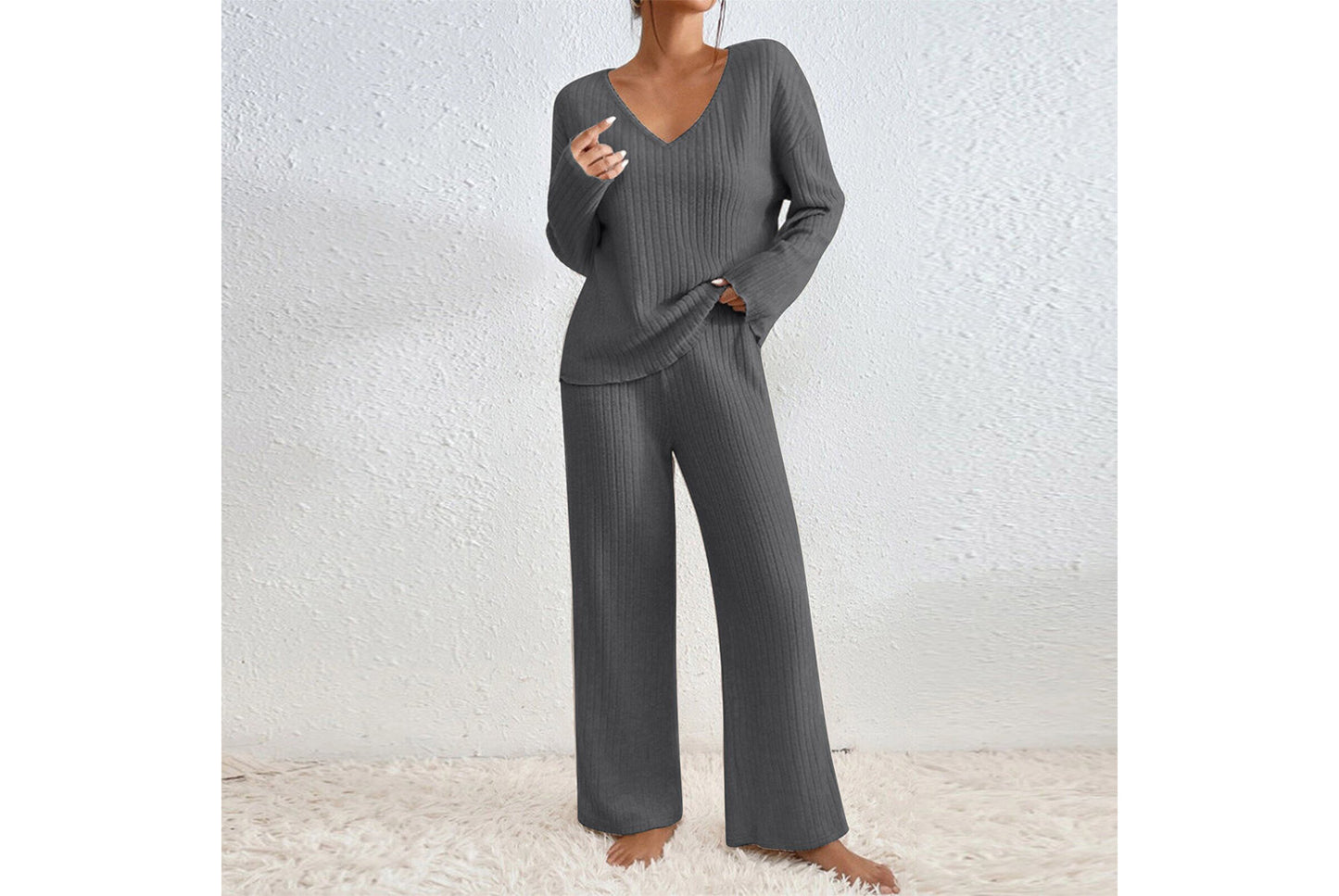 **Women's V-Neck Loose-Fitting Casual Long-Sleeved Set (Home Wear)**