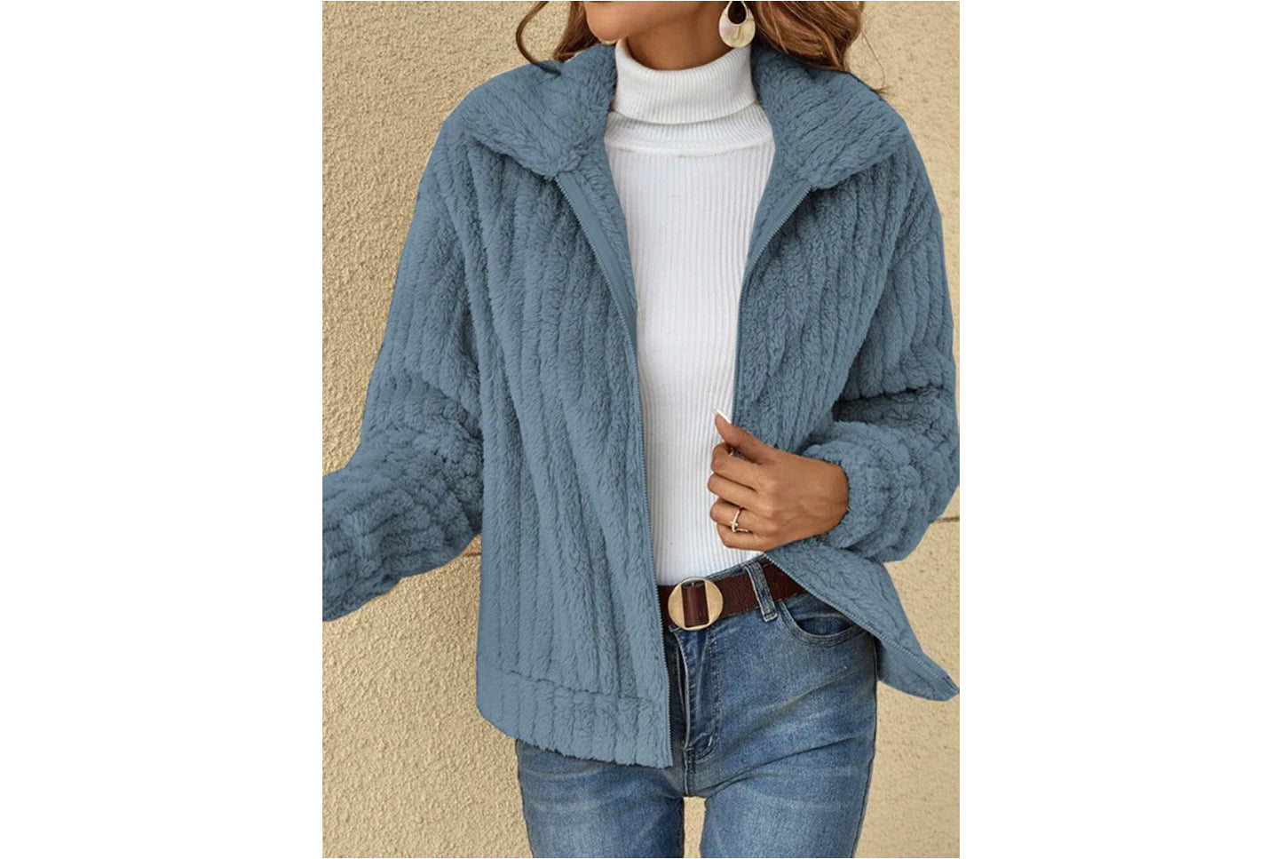 **Women's Fleece Cardigan Coat, Short Collared Warm Top**