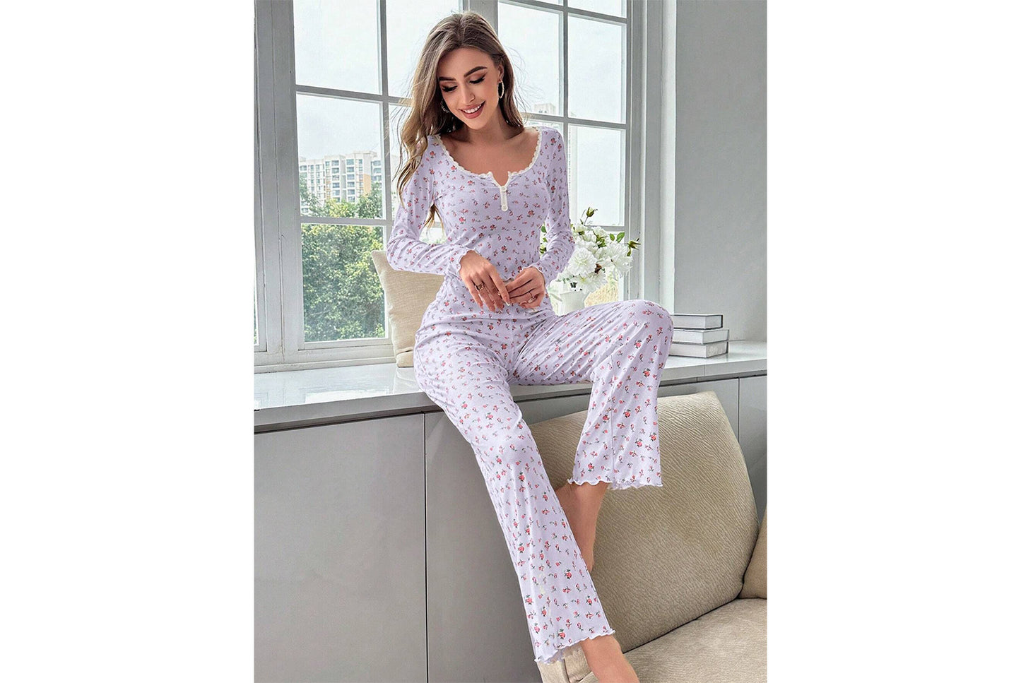 Autumn/Winter Floral Long-Sleeved Loungewear Set