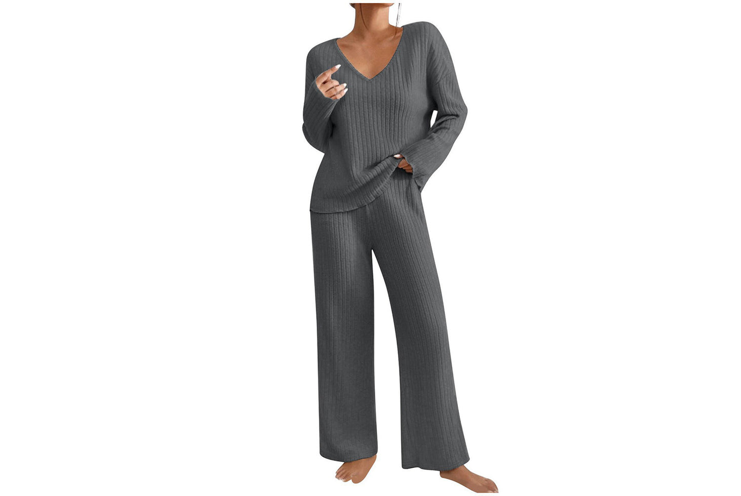 **Women's V-Neck Loose-Fitting Casual Long-Sleeved Set (Home Wear)**