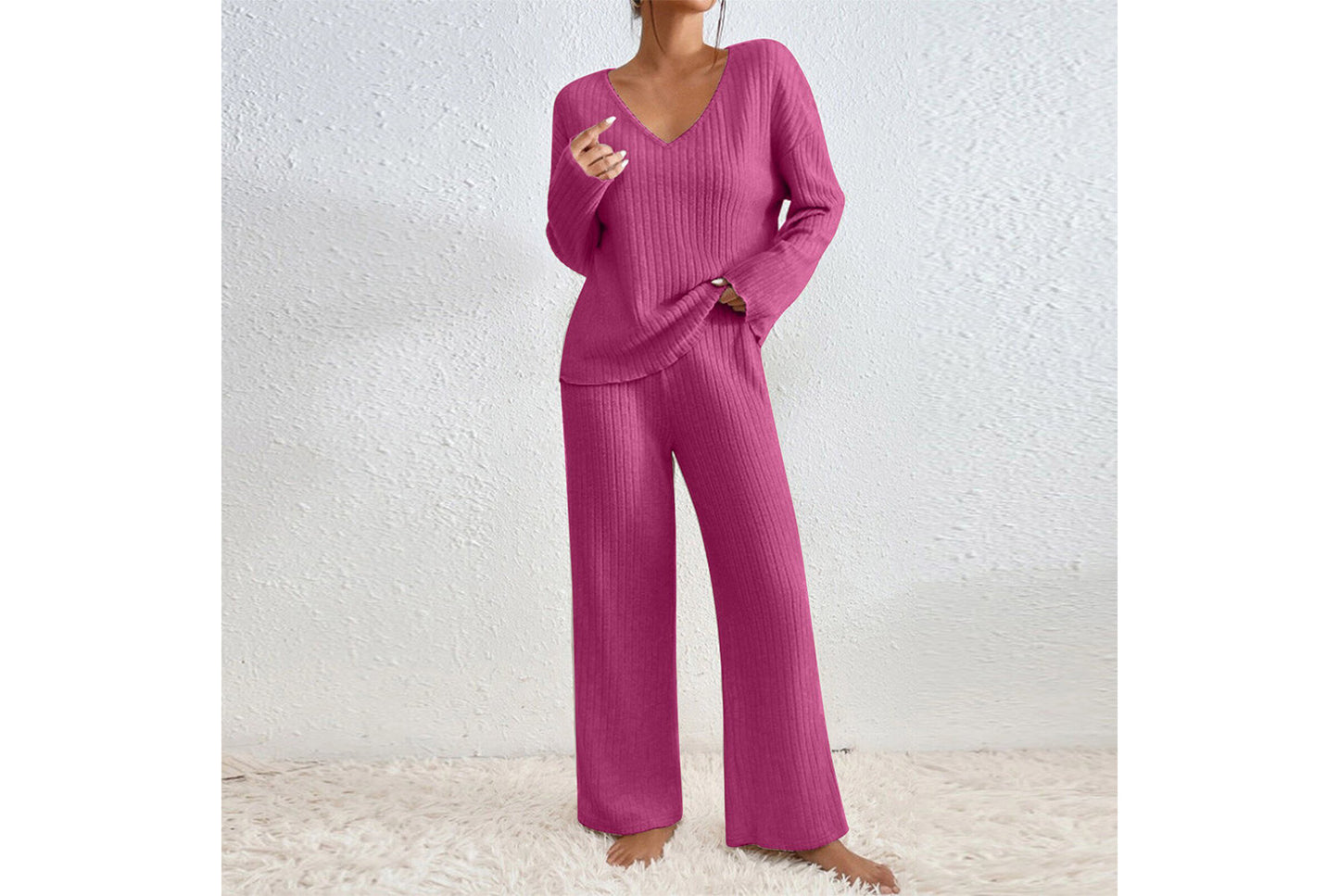 **Women's V-Neck Loose-Fitting Casual Long-Sleeved Set (Home Wear)**