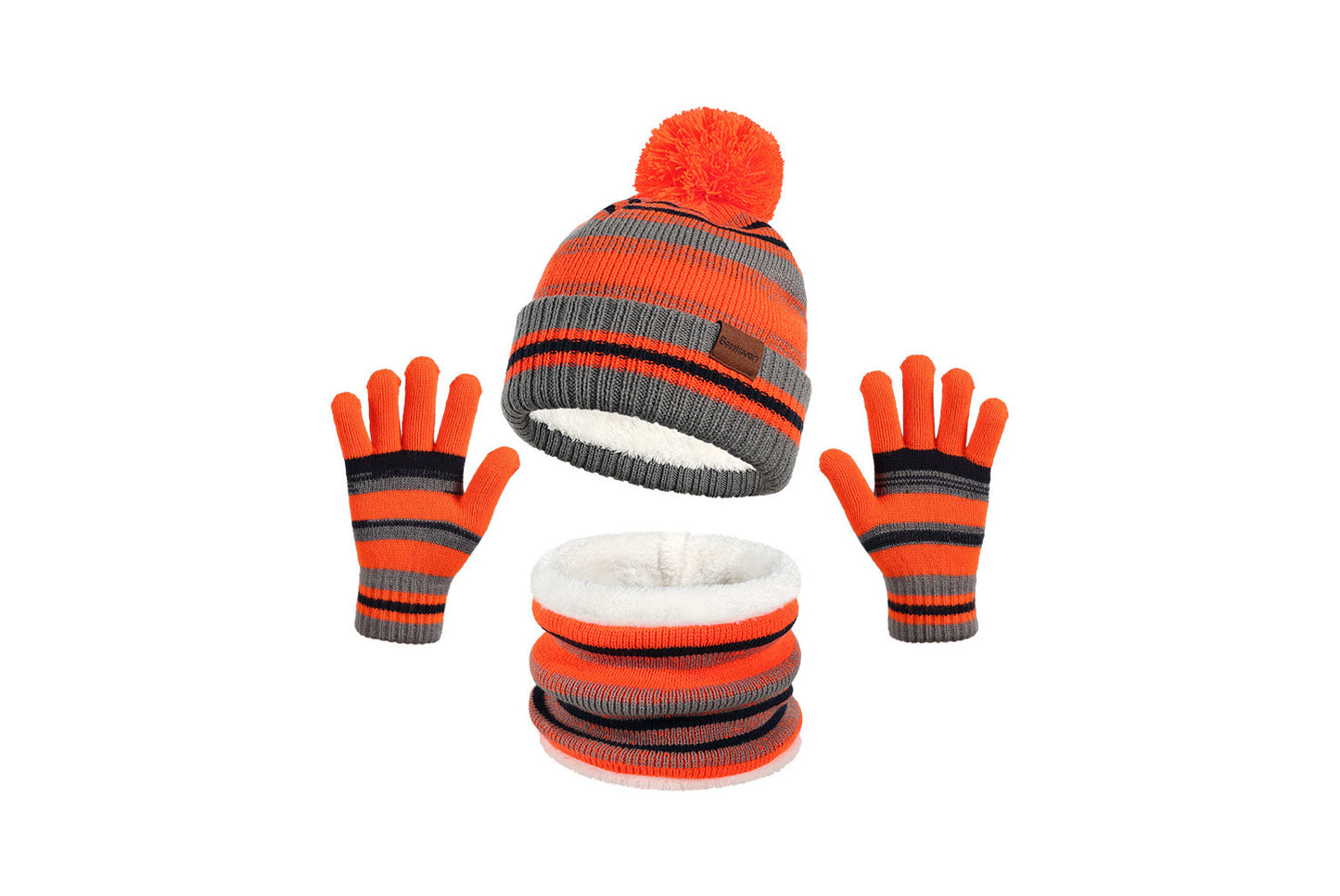 **Children's Warm Three-Piece Set: Fleece-Lined Knitted Hat, Scarf, and Gloves**