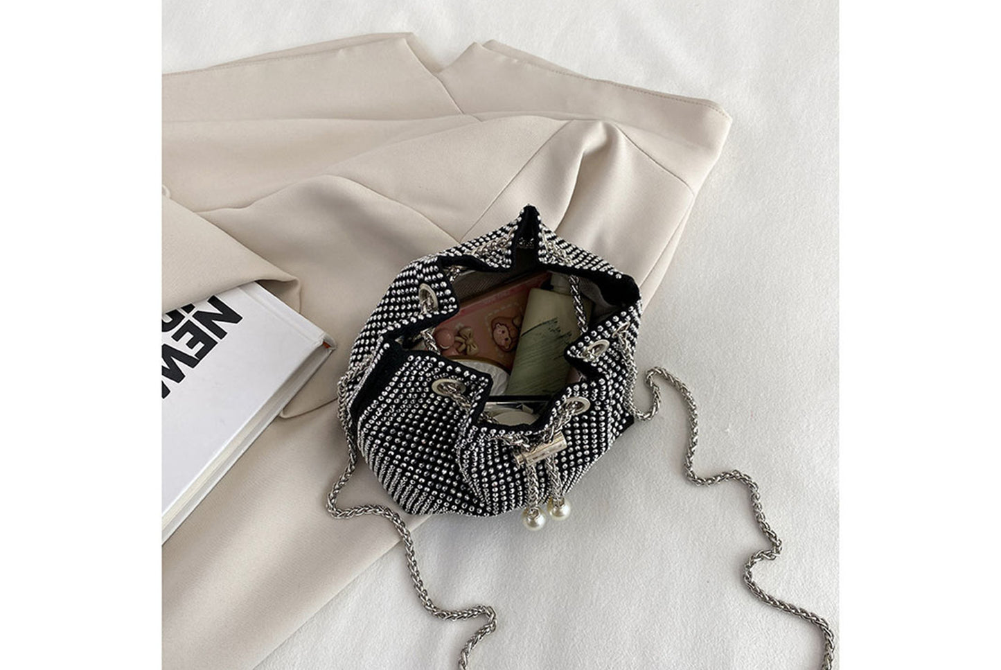 Rhinestone-Studded Drawstring Evening Bag