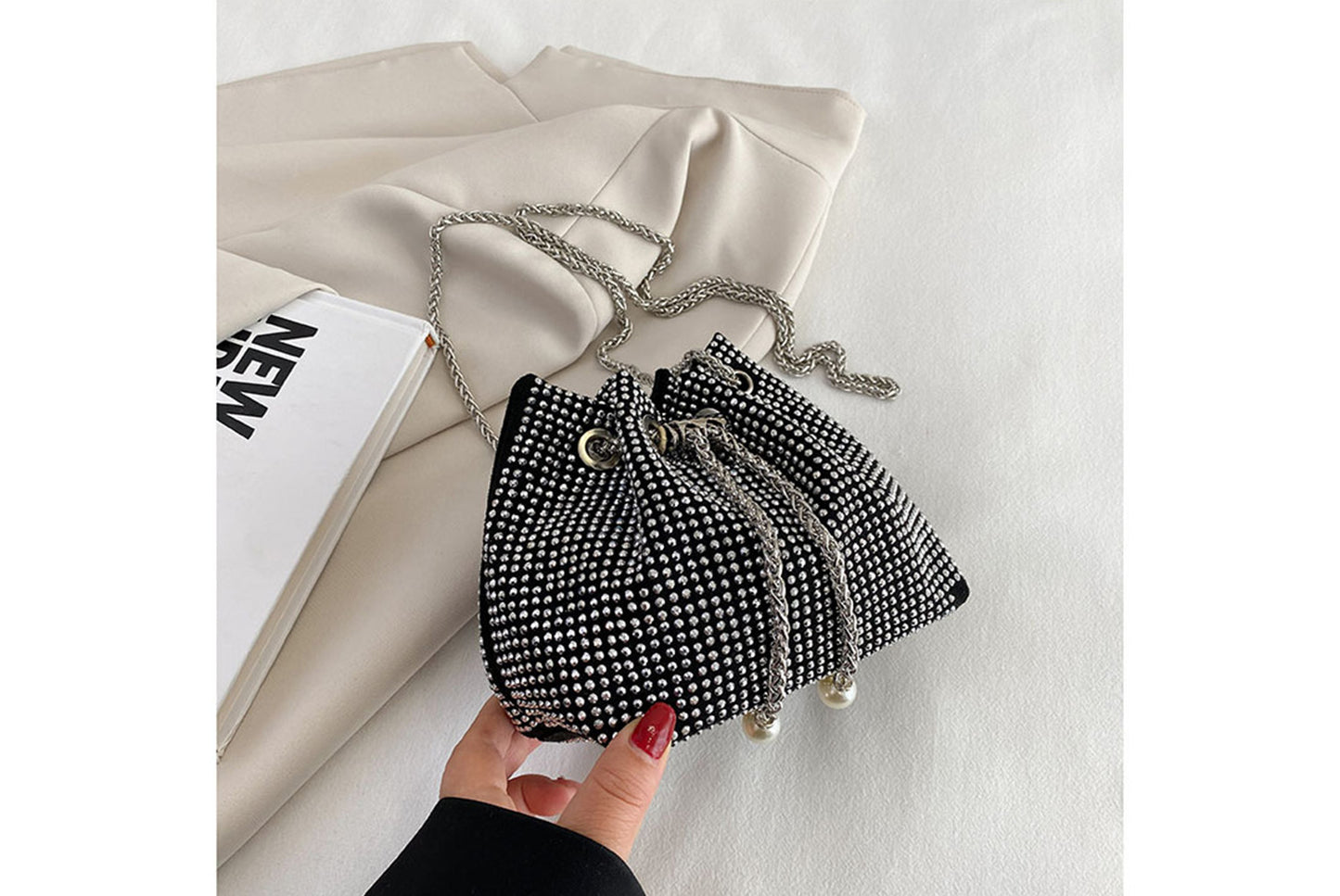 Rhinestone-Studded Drawstring Evening Bag