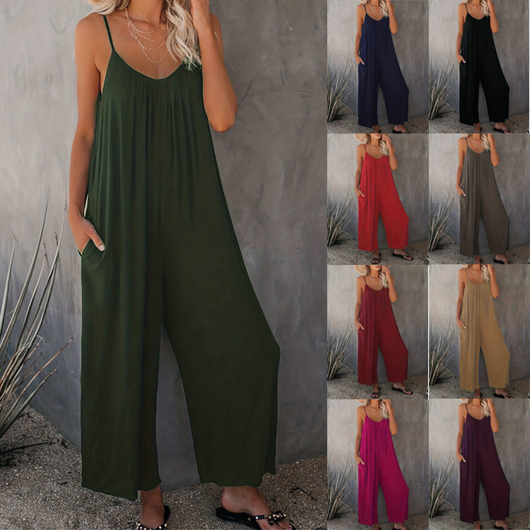 Solid color casual jumpsuit with pockets