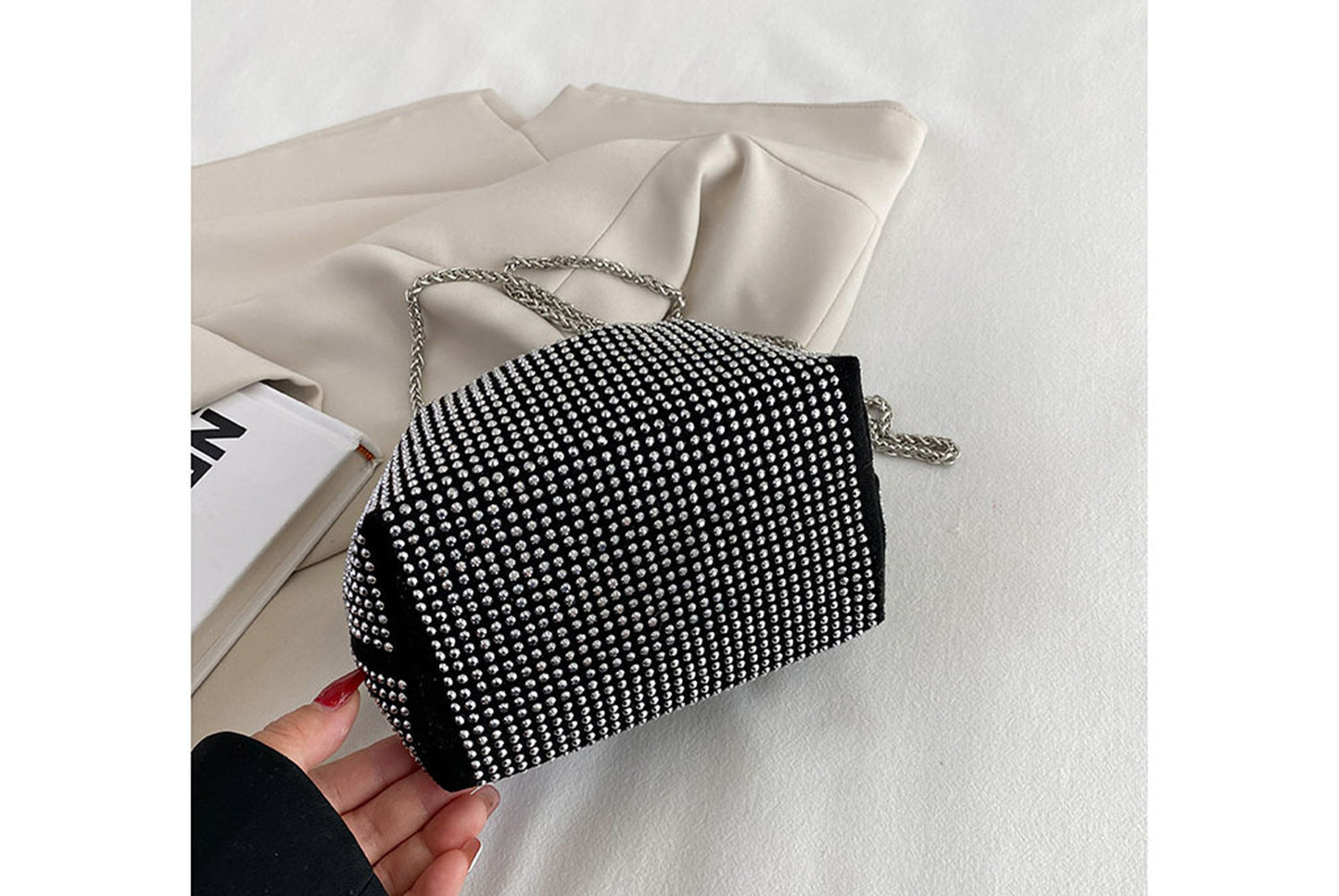 Rhinestone-Studded Drawstring Evening Bag