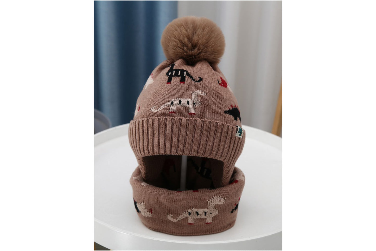 Children's Dinosaur Warm Scarf and Hat Set (Fleece-lined Knit)