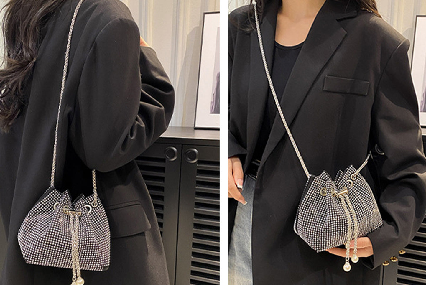 Rhinestone-Studded Drawstring Evening Bag