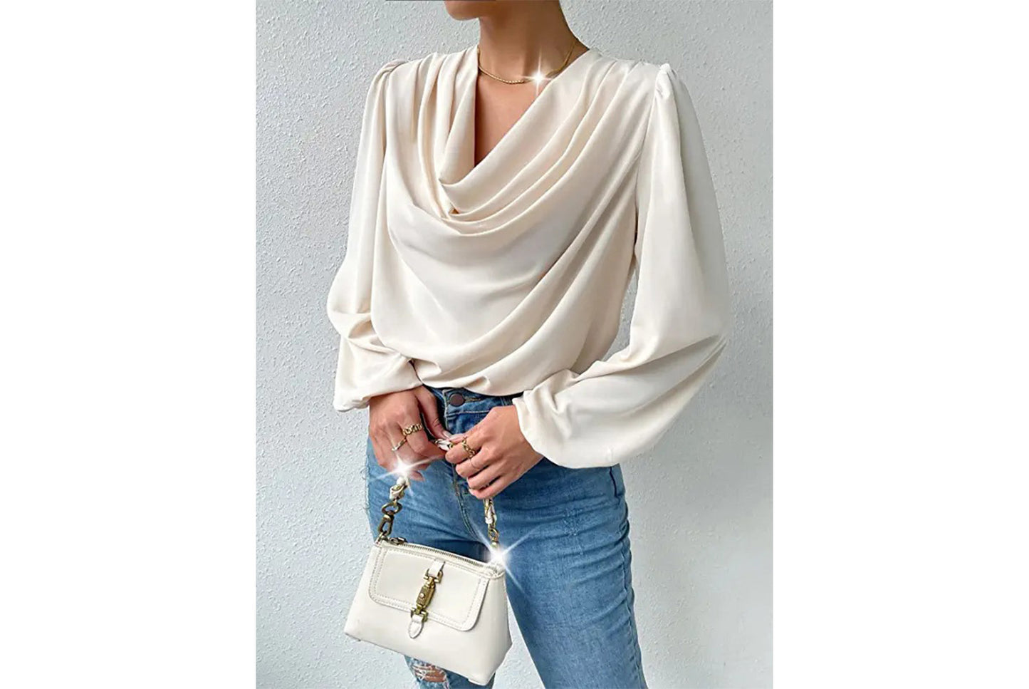 **Women's Chiffon Long-Sleeve Blouse | V-Neck Draped Loose Top**