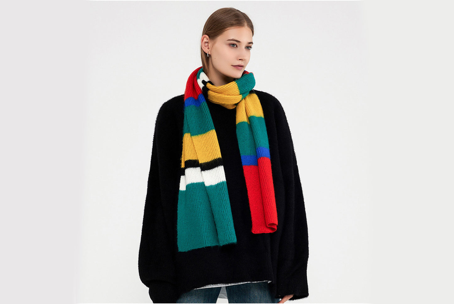 Unique Color-Blocked Striped Knit Scarf