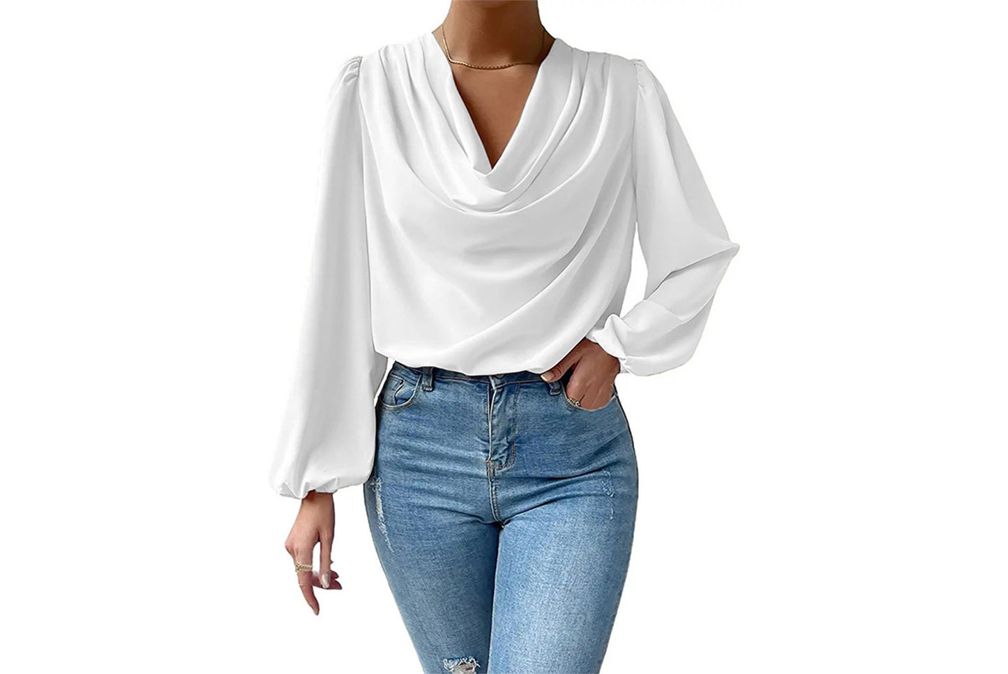 **Women's Chiffon Long-Sleeve Blouse | V-Neck Draped Loose Top**