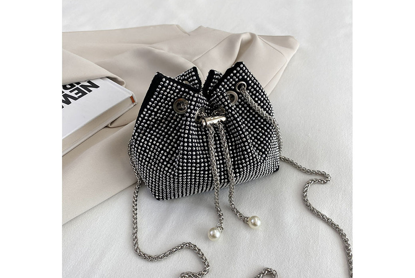 Rhinestone-Studded Drawstring Evening Bag
