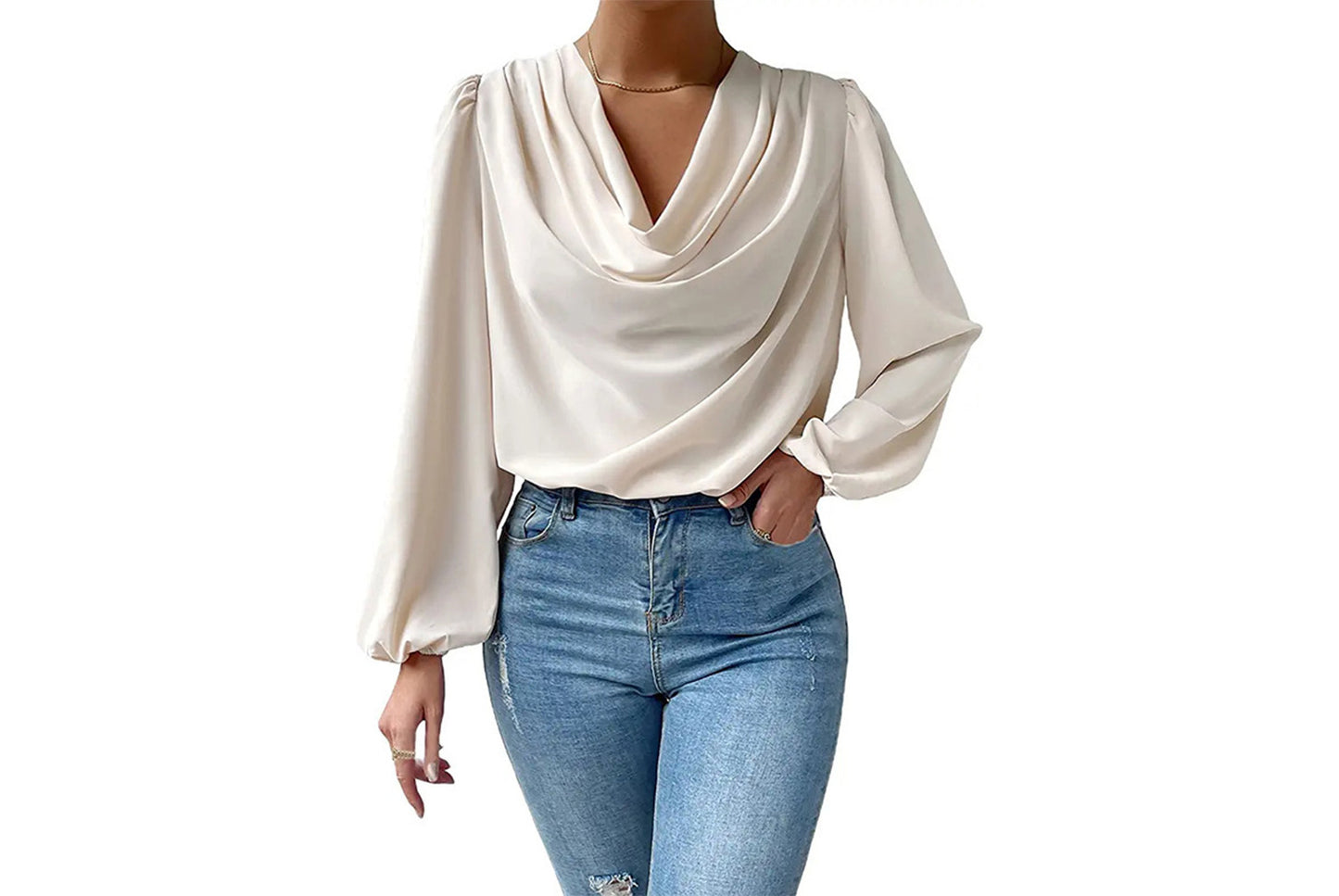 **Women's Chiffon Long-Sleeve Blouse | V-Neck Draped Loose Top**