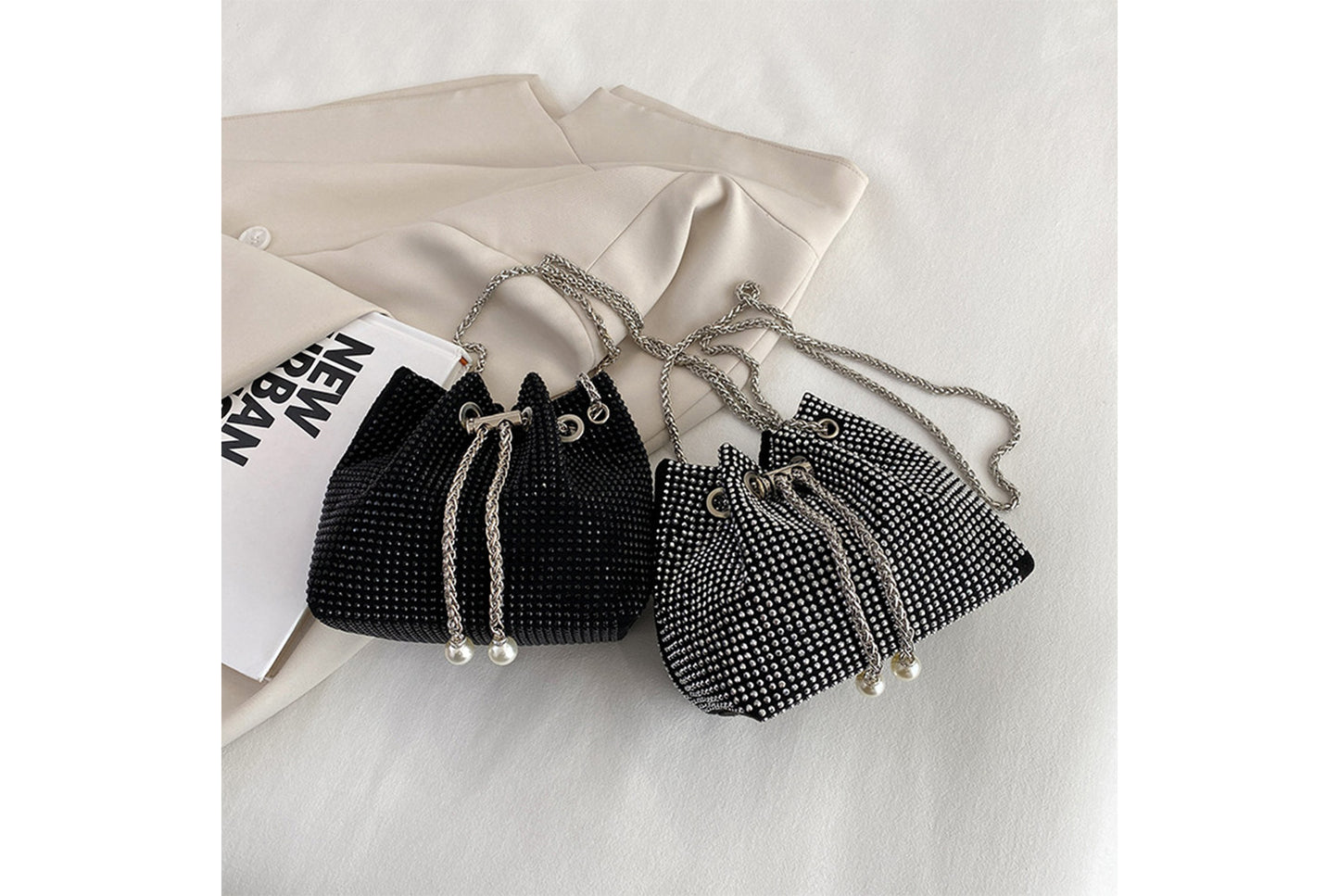 Rhinestone-Studded Drawstring Evening Bag
