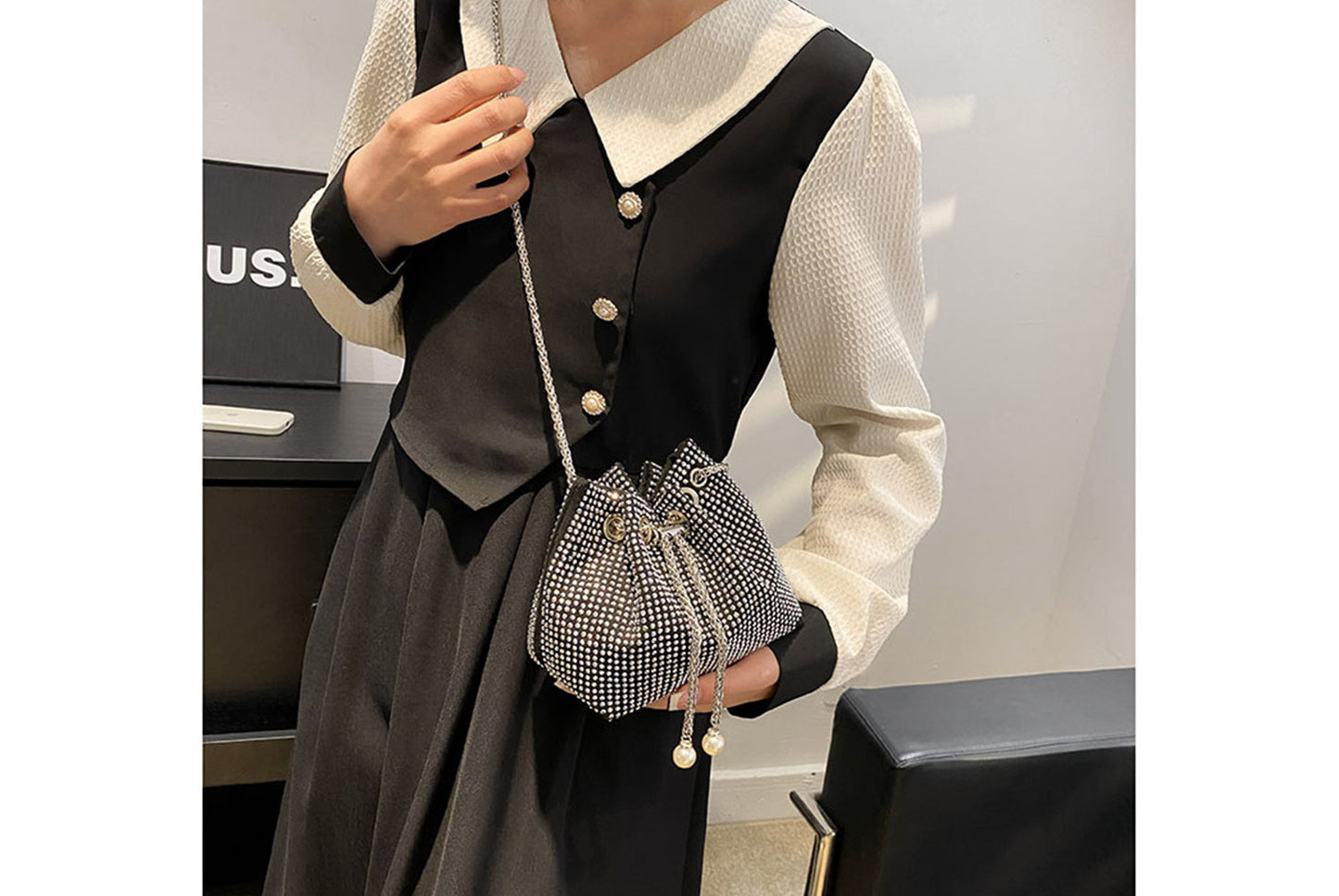 Rhinestone-Studded Drawstring Evening Bag