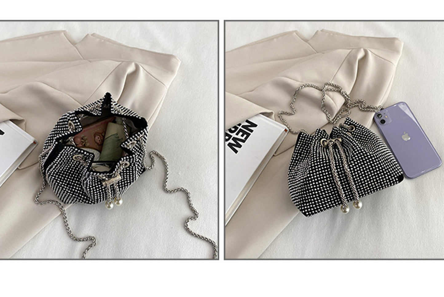 Rhinestone-Studded Drawstring Evening Bag