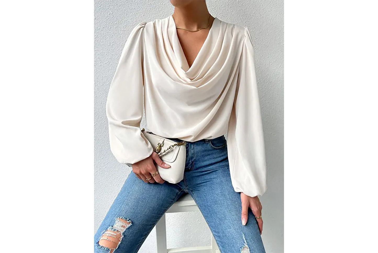 **Women's Chiffon Long-Sleeve Blouse | V-Neck Draped Loose Top**