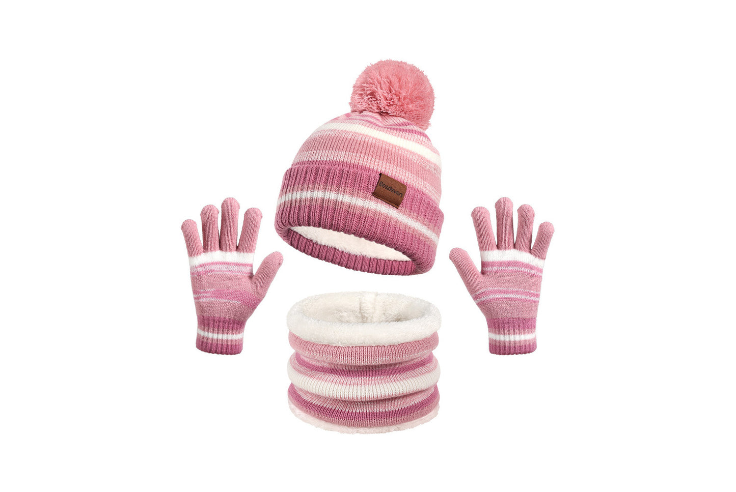**Children's Warm Three-Piece Set: Fleece-Lined Knitted Hat, Scarf, and Gloves**