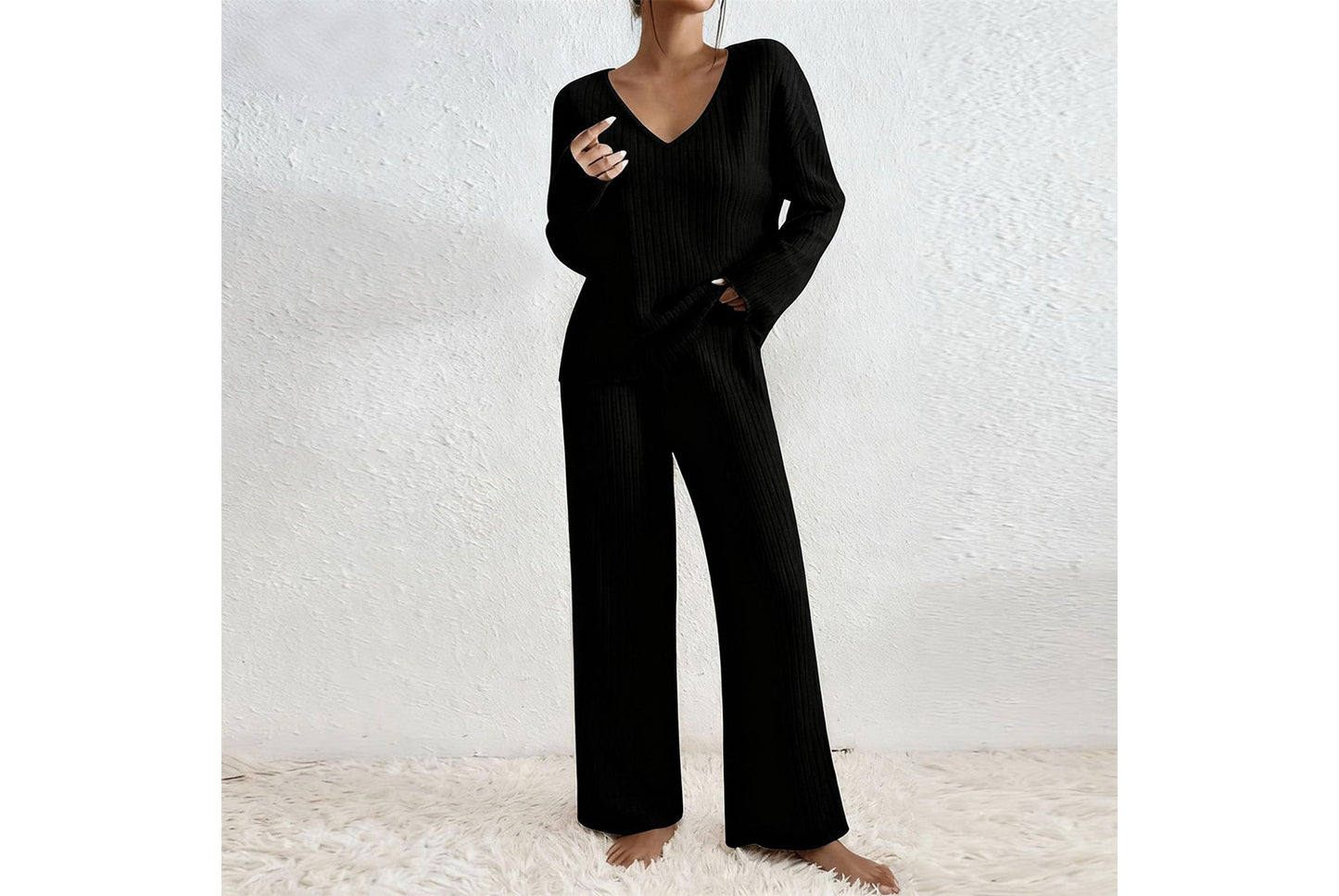 **Women's V-Neck Loose-Fitting Casual Long-Sleeved Set (Home Wear)**