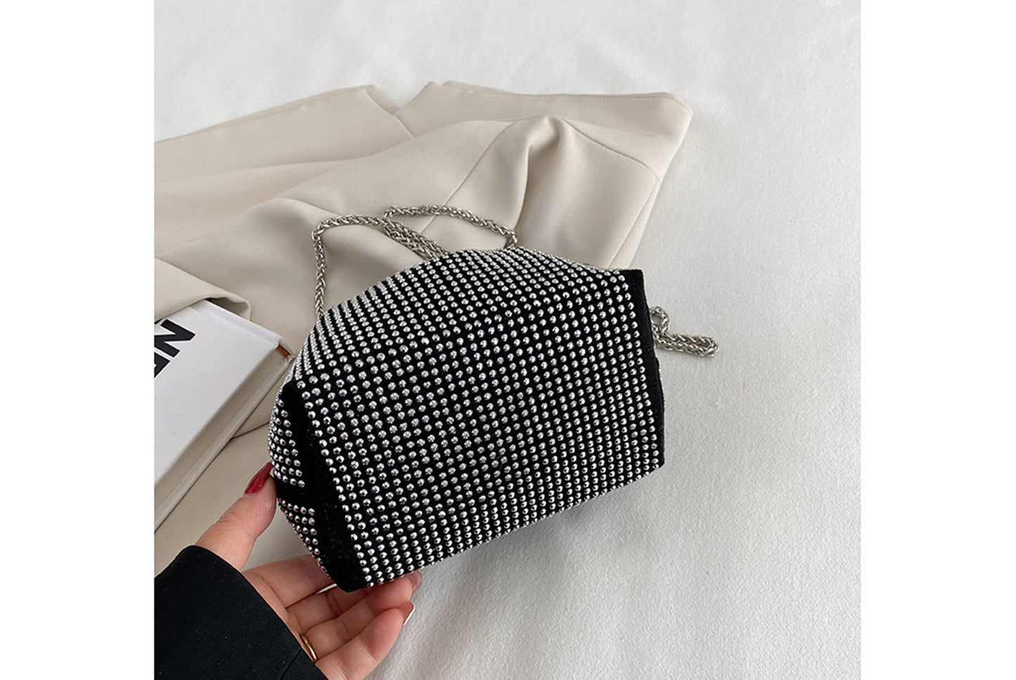 Rhinestone-Studded Drawstring Evening Bag
