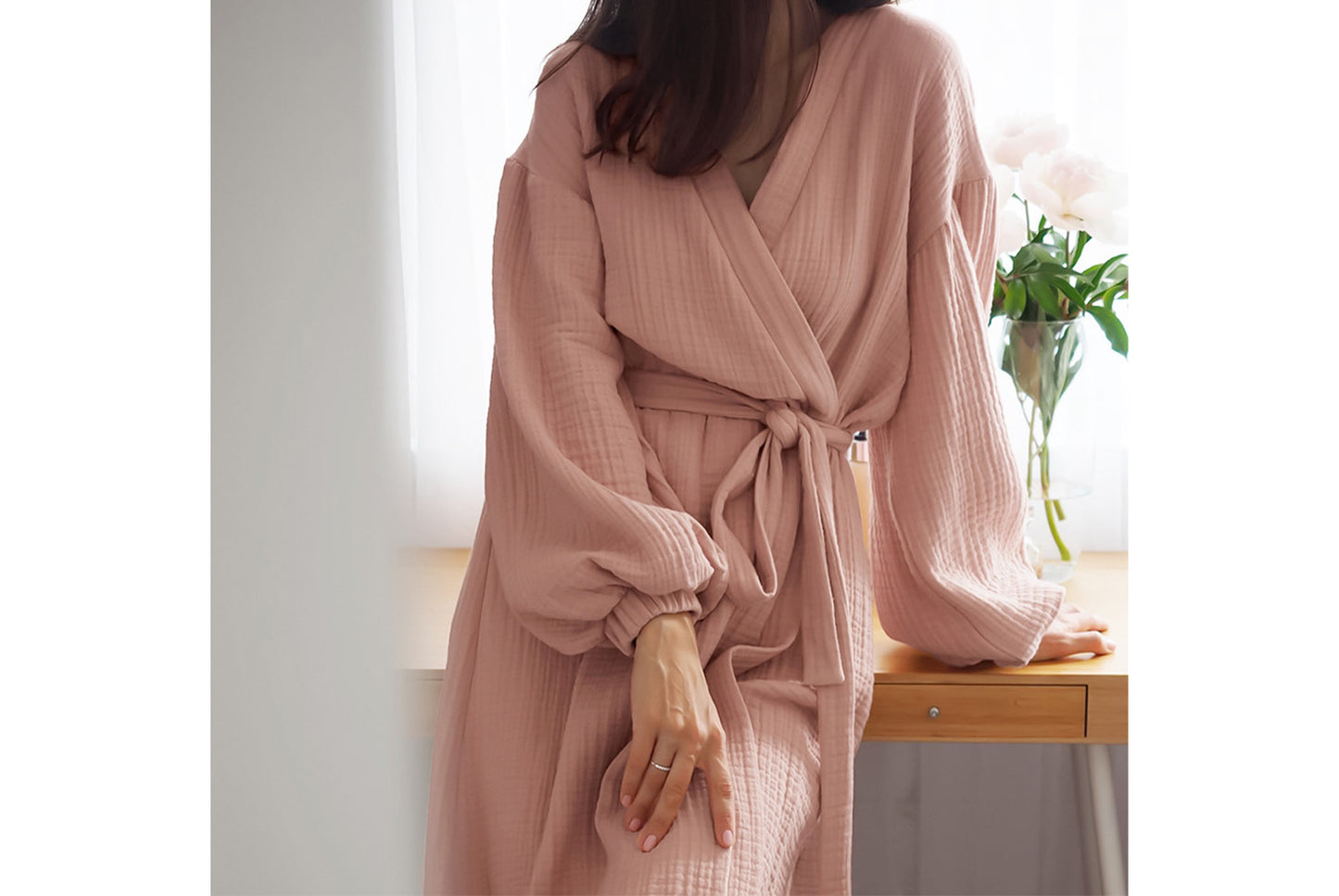 Women's Long-Sleeved Robe in Pure Cotton