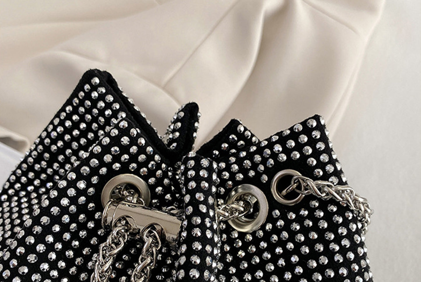 Rhinestone-Studded Drawstring Evening Bag