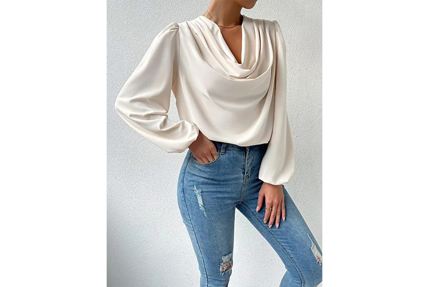 **Women's Chiffon Long-Sleeve Blouse | V-Neck Draped Loose Top**