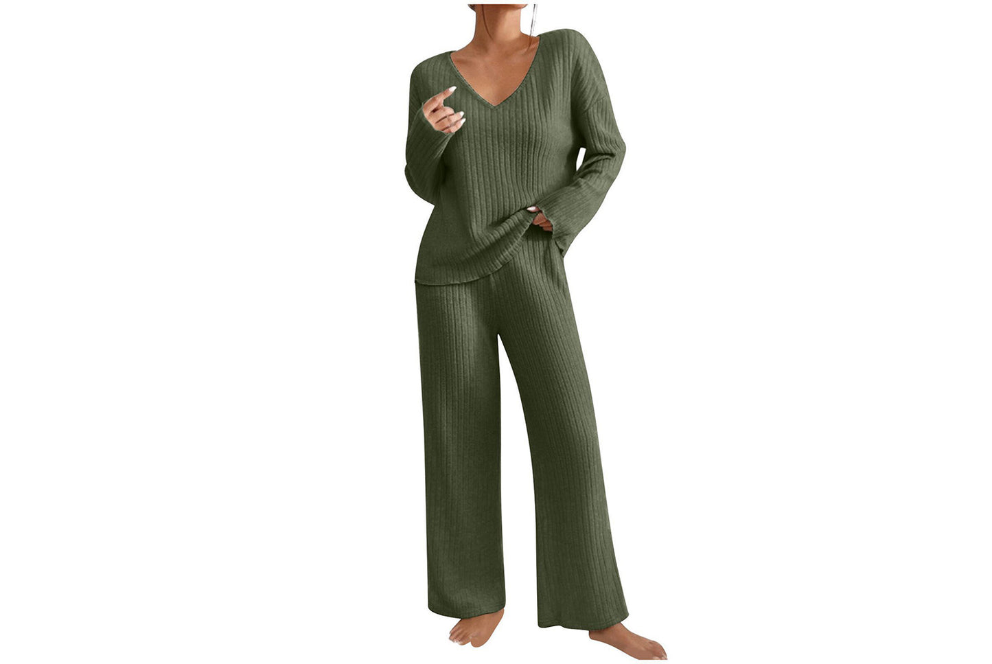 **Women's V-Neck Loose-Fitting Casual Long-Sleeved Set (Home Wear)**