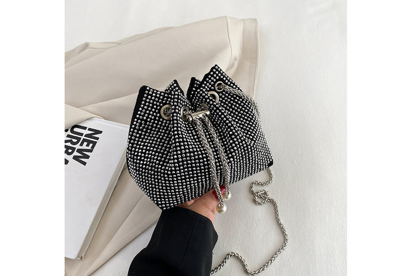 Rhinestone-Studded Drawstring Evening Bag