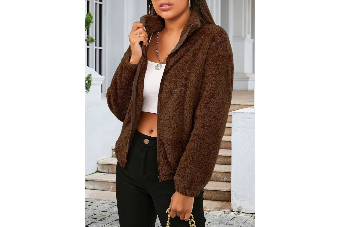 Long-Sleeved Plush Loose-Fitting Warm Cardigan