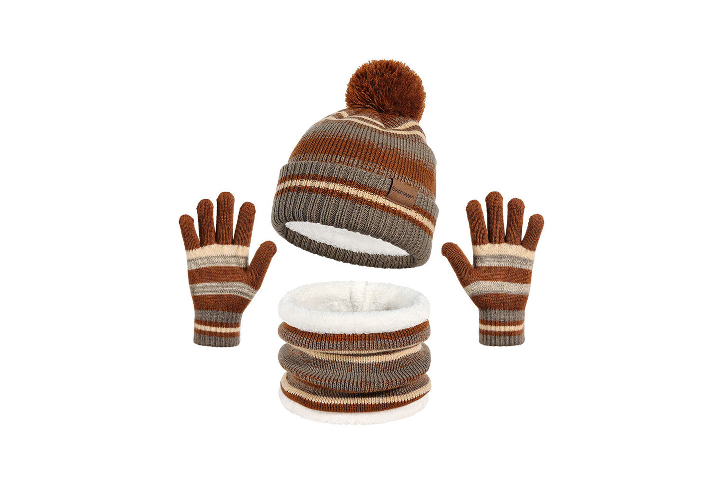 **Children's Warm Three-Piece Set: Fleece-Lined Knitted Hat, Scarf, and Gloves**