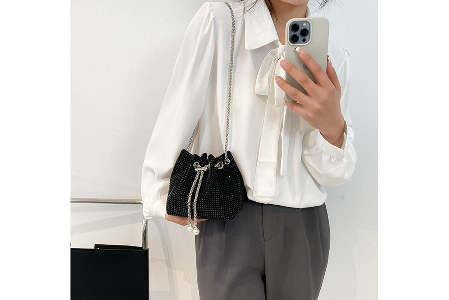 Rhinestone-Studded Drawstring Evening Bag