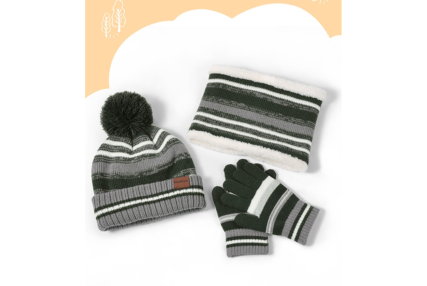 **Children's Warm Three-Piece Set: Fleece-Lined Knitted Hat, Scarf, and Gloves**