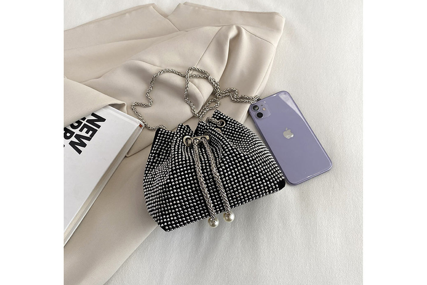 Rhinestone-Studded Drawstring Evening Bag