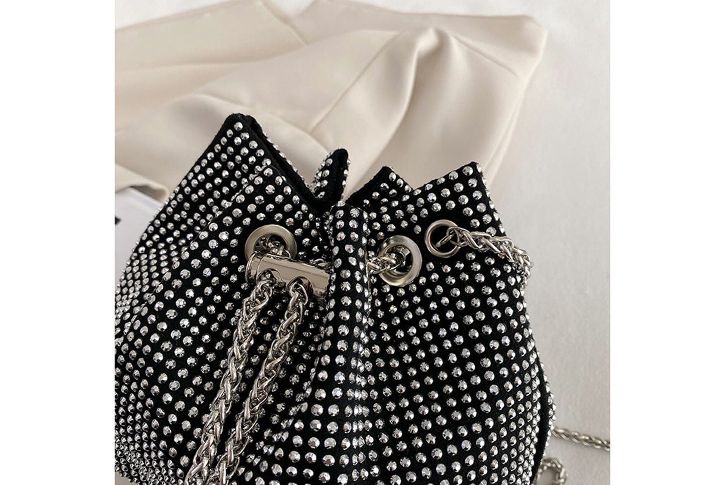 Rhinestone-Studded Drawstring Evening Bag