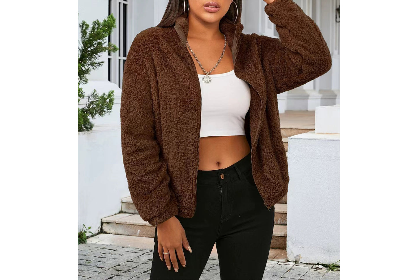 Long-Sleeved Plush Loose-Fitting Warm Cardigan