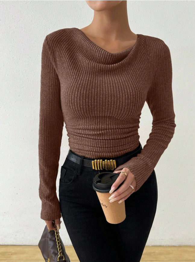 Slimming bell sleeves and swung collar knitted top