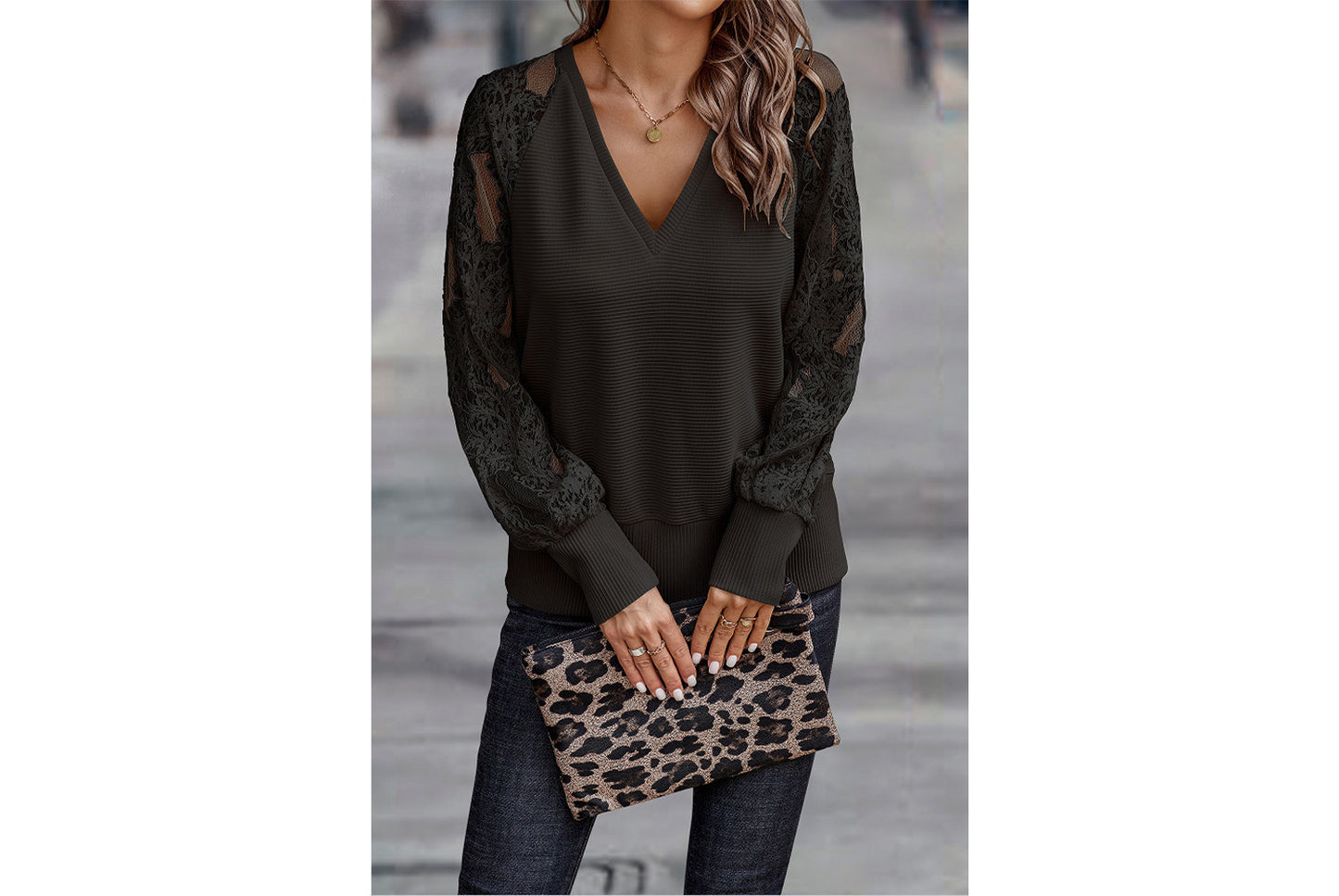 **Women's V-Neck Lace Knit Top, Loose and Casual**