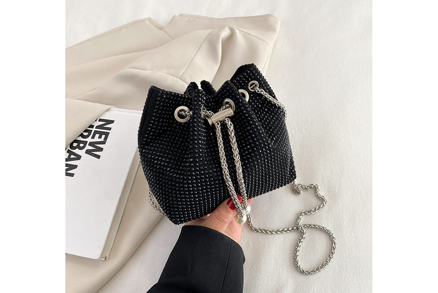 Rhinestone-Studded Drawstring Evening Bag