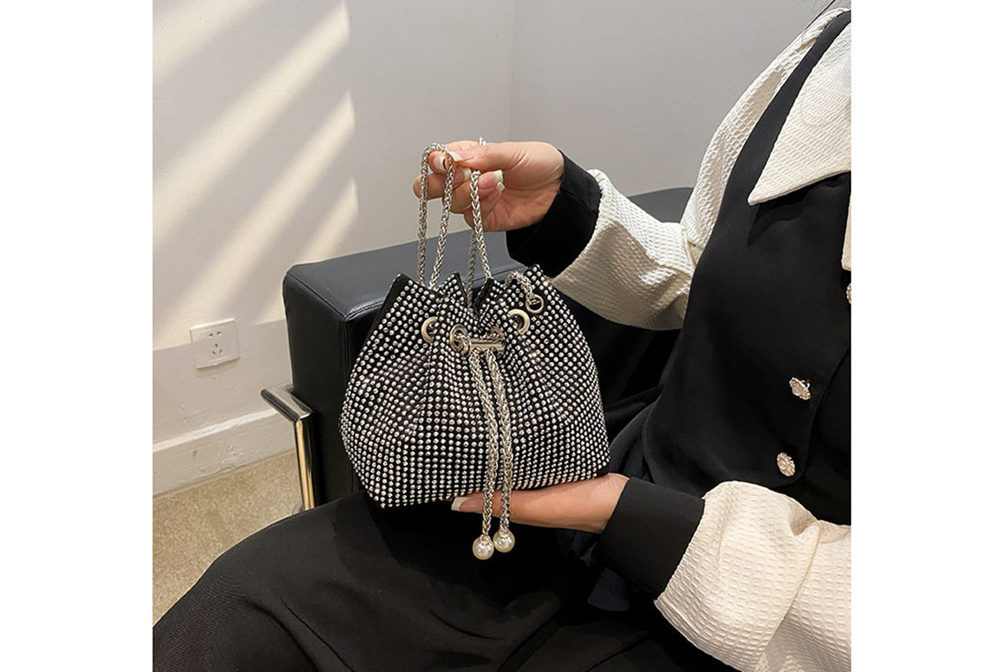 Rhinestone-Studded Drawstring Evening Bag