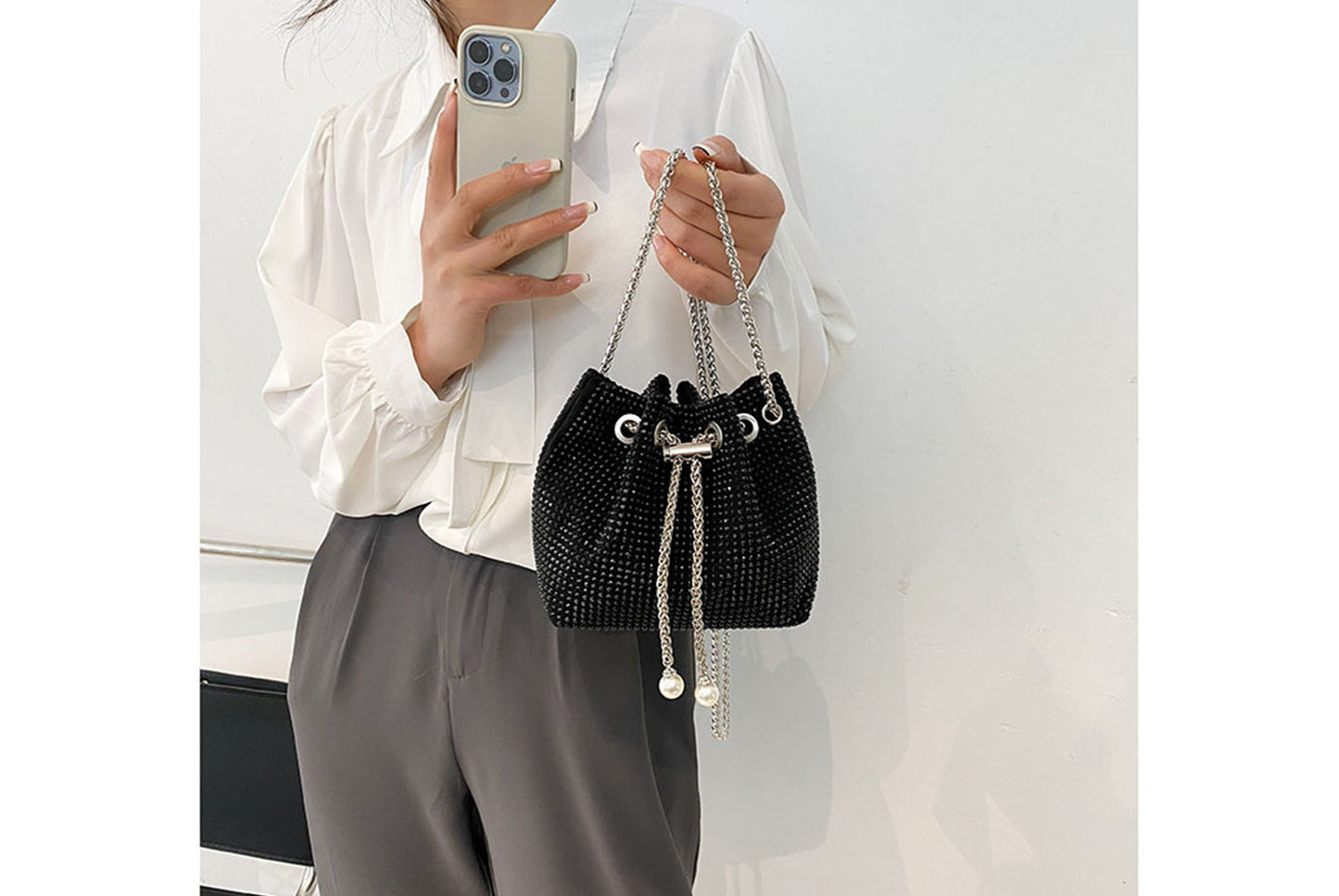 Rhinestone-Studded Drawstring Evening Bag