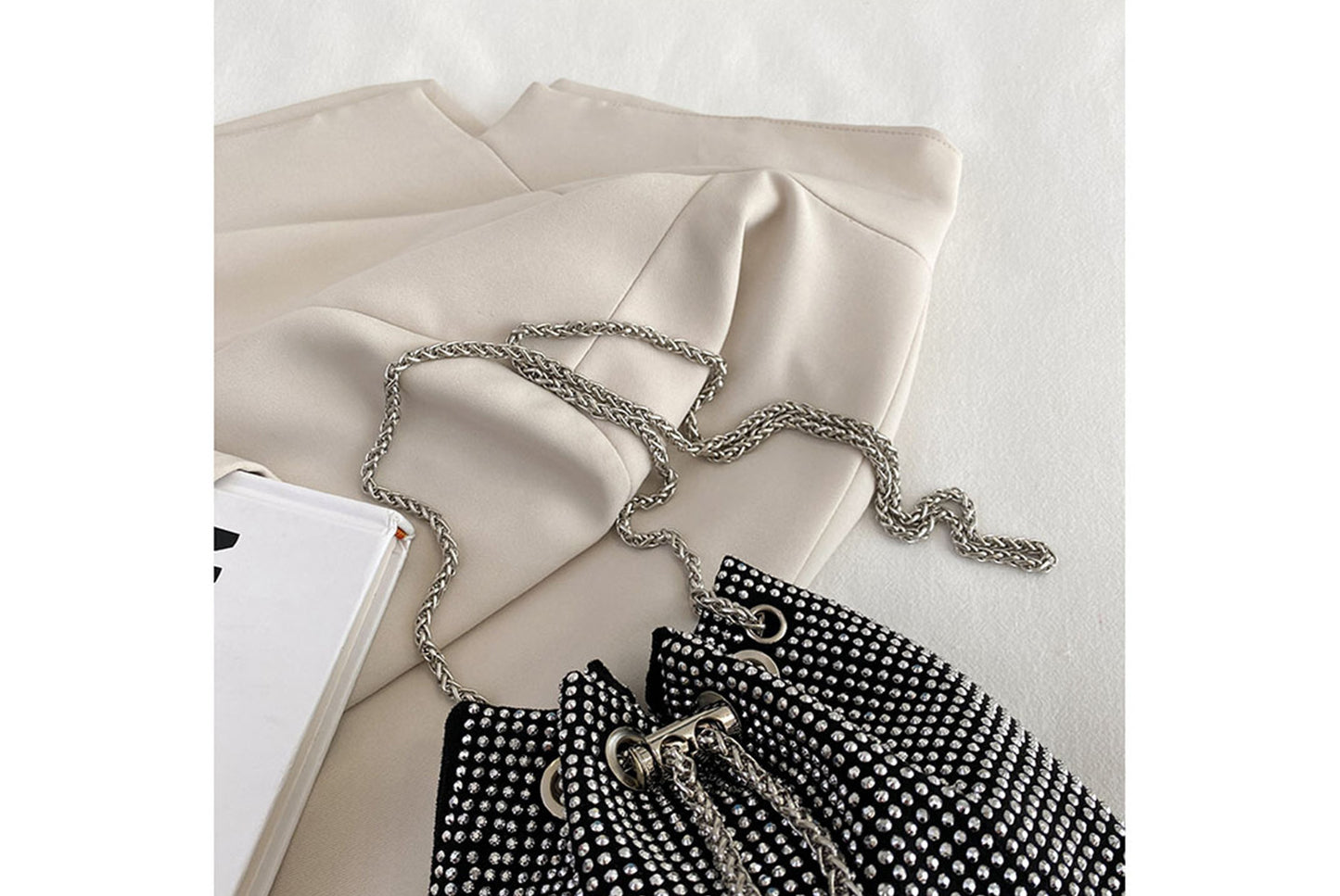 Rhinestone-Studded Drawstring Evening Bag