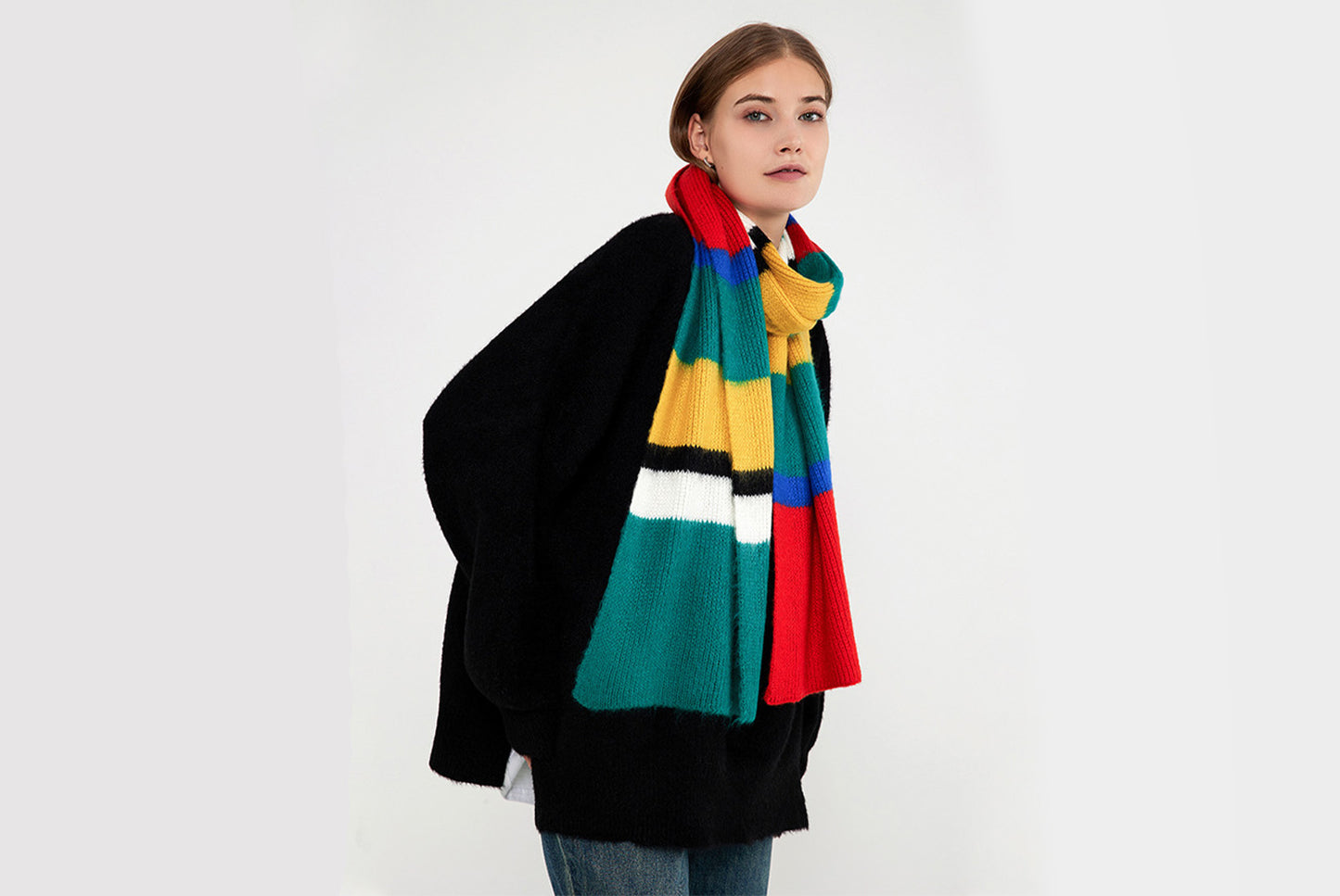Unique Color-Blocked Striped Knit Scarf