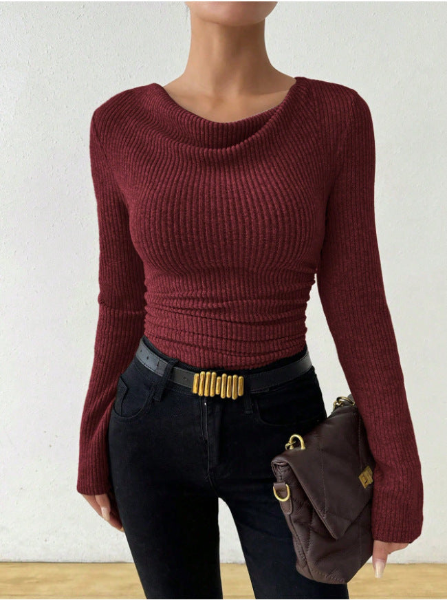 Slimming bell sleeves and swung collar knitted top
