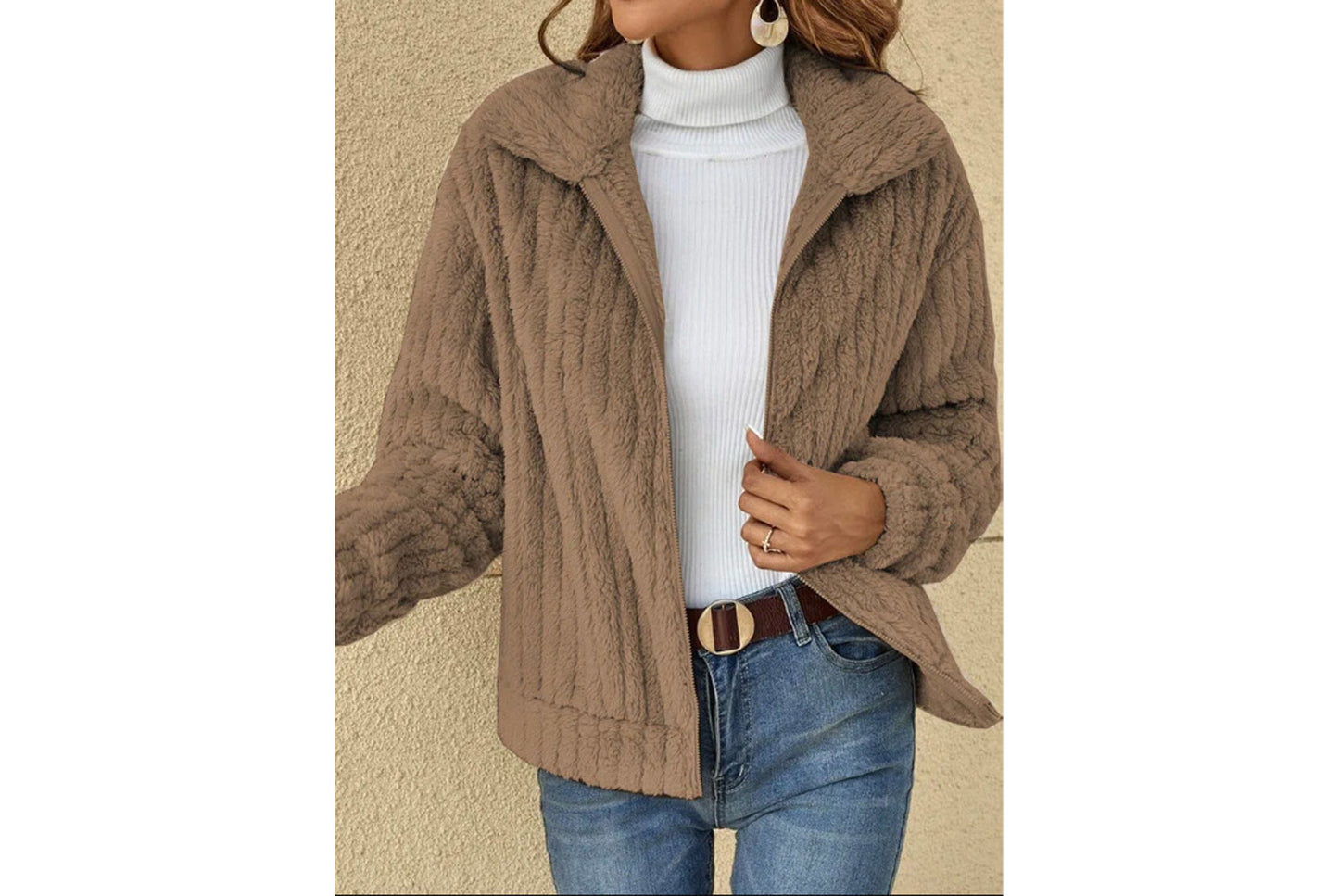 **Women's Fleece Cardigan Coat, Short Collared Warm Top**